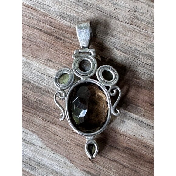 Vintage Sterling Silver Pendant W/ Smoky Quartz Green Peridot & Pearl Gemstones - Picture 3 of 6